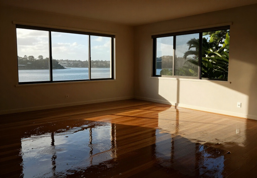 Flood-damaged living room in Kogarah Bay before restoration